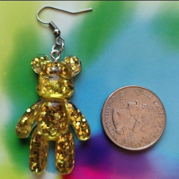 HANDMADE Gold Glitter Teddy Bear Earrings - Picture 5 of 5